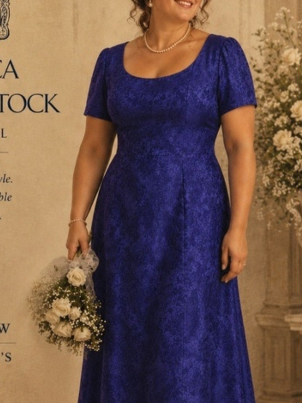 Jessica McClintock Deep Blue Scoop Neck Long Sleeve Dress